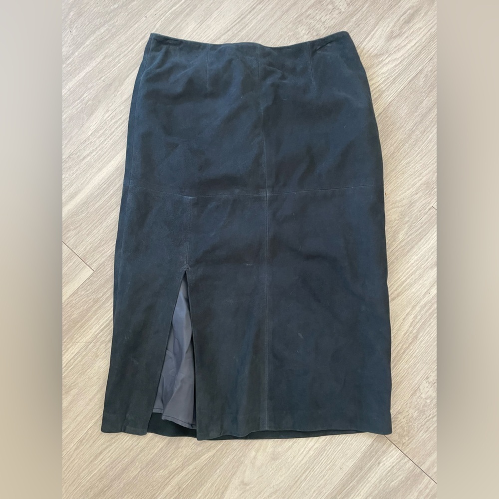 Iris & ink navy blue specialist leather midi skirt with slit